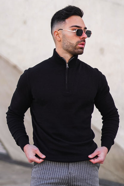 THE SANTORINI - HALF ZIP SWEATER - BLACK