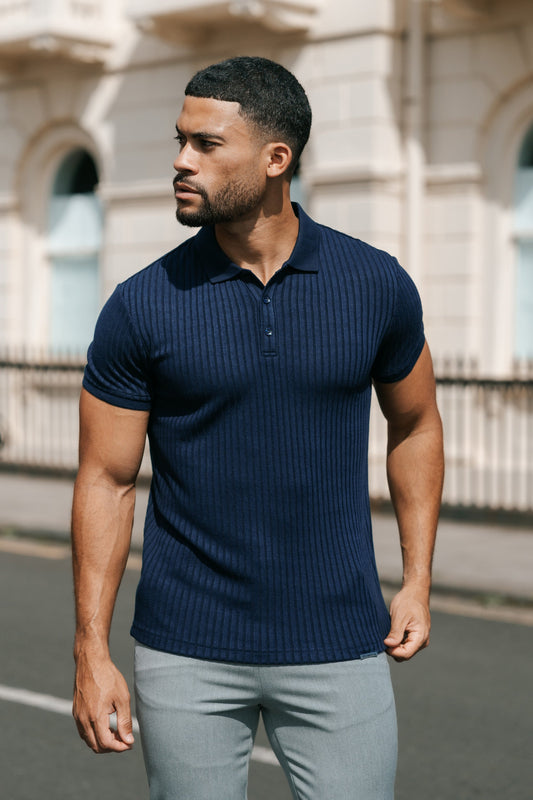 THE RIBBED SHORTSLEEVE POLO - NAVY BLUE