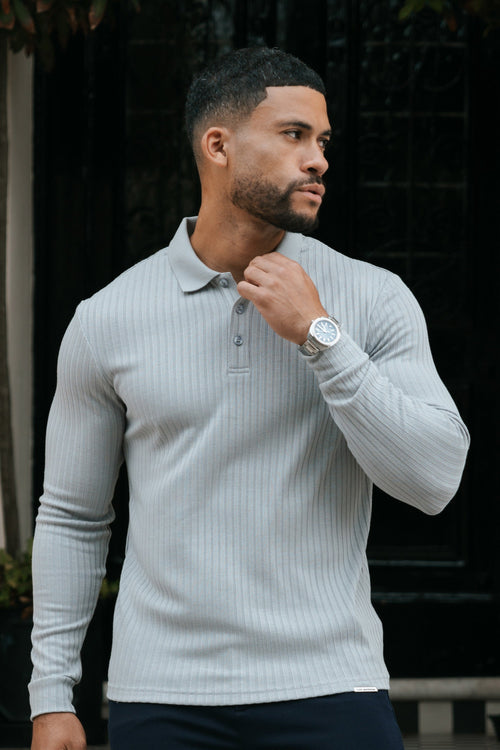 THE RIBBED LONGSLEEVE POLO - GREY