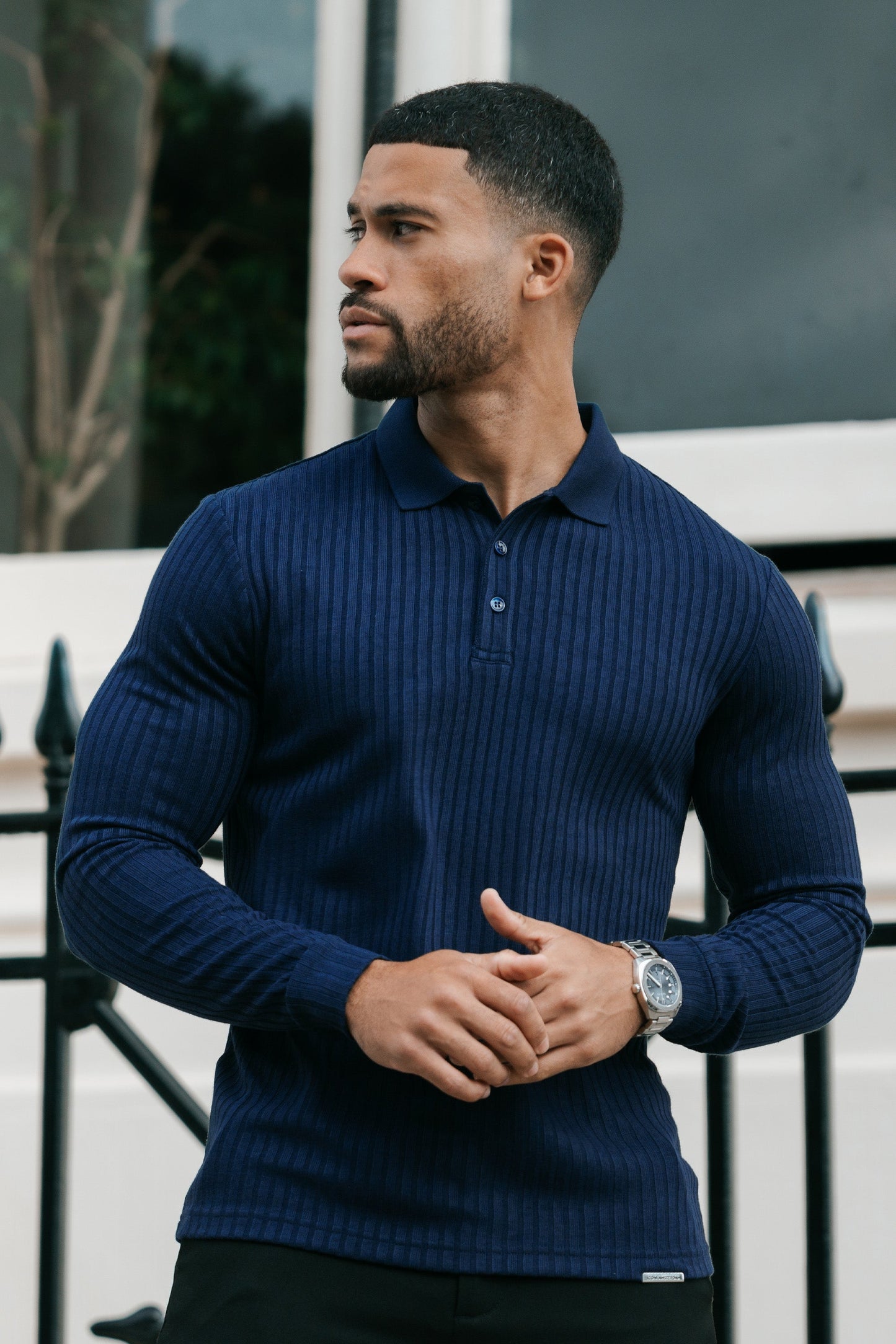 THE RIBBED LONGSLEEVE POLO - NAVY BLUE