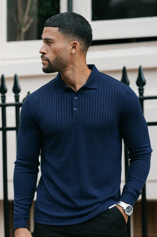 THE RIBBED LONGSLEEVE POLO - NAVY BLUE