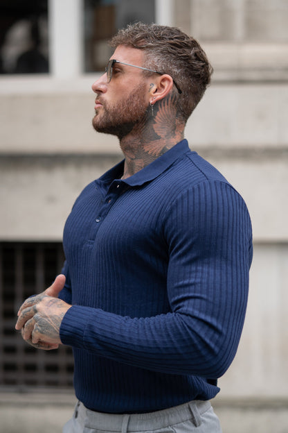 THE RIBBED LONGSLEEVE POLO - NAVY BLUE