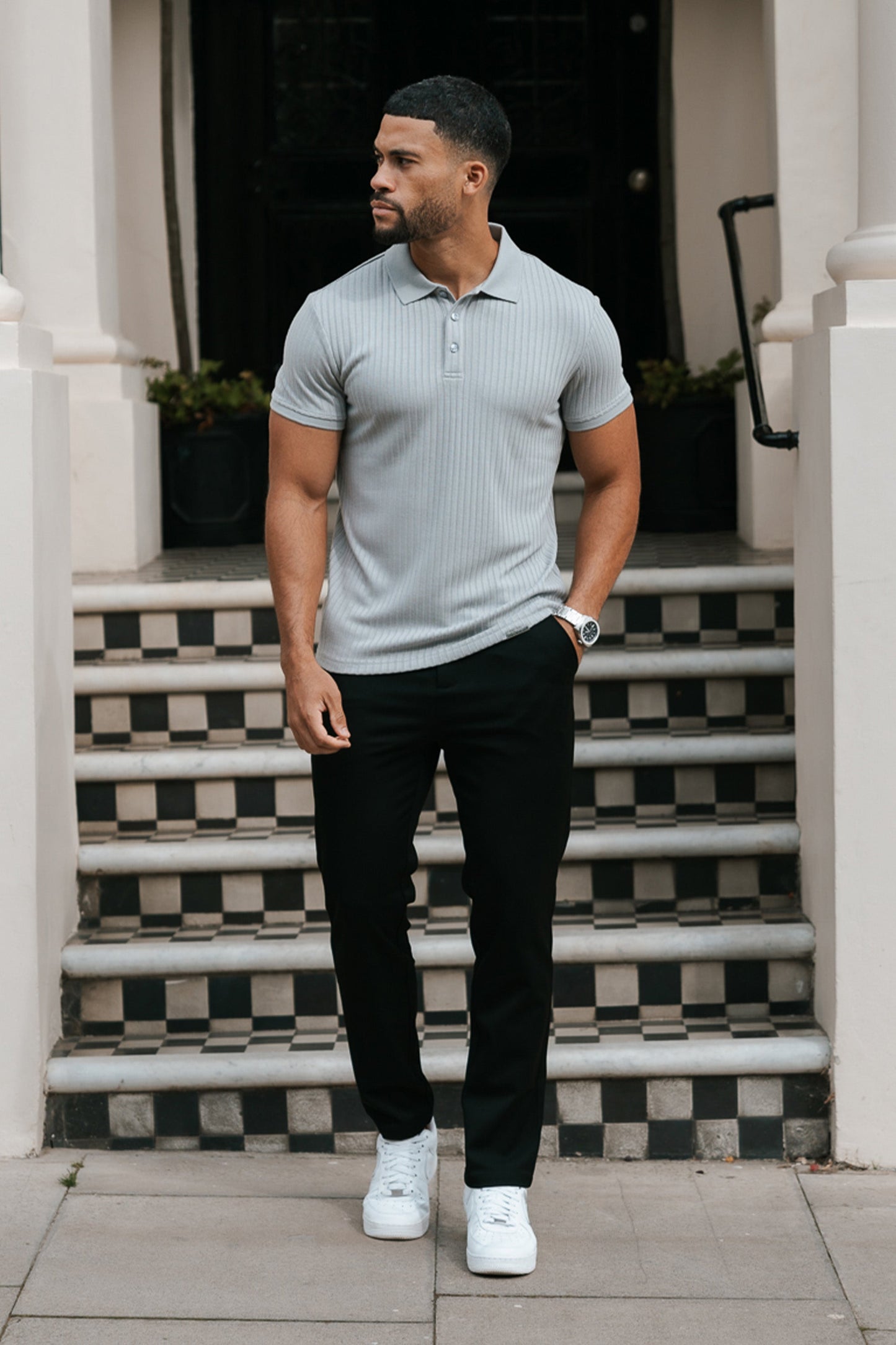 THE RIBBED SHORTSLEEVE POLO  - GREY